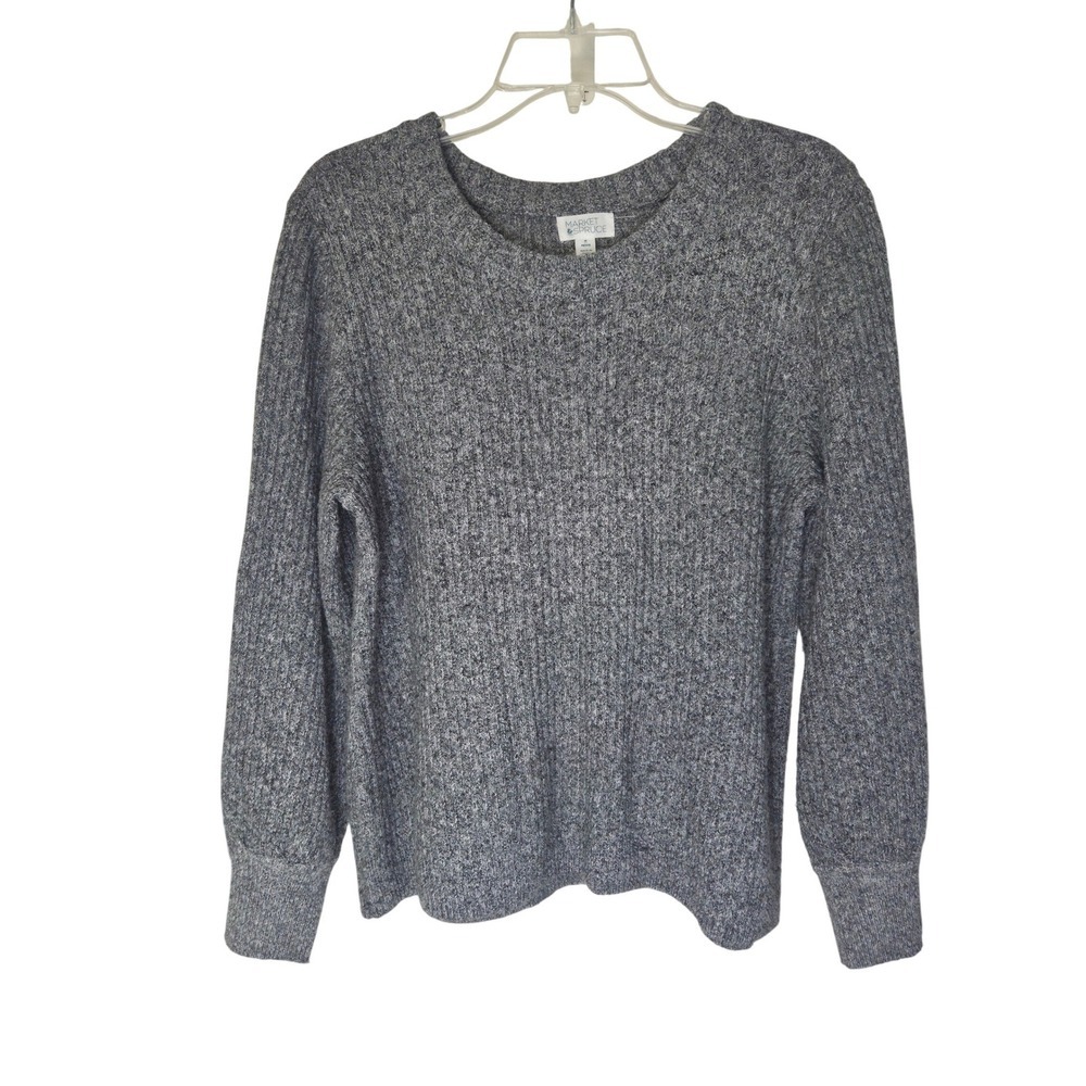 Market & Spruce Womens Medium Petite Grey Marled Ribbed Knit Crew Neck Sweater